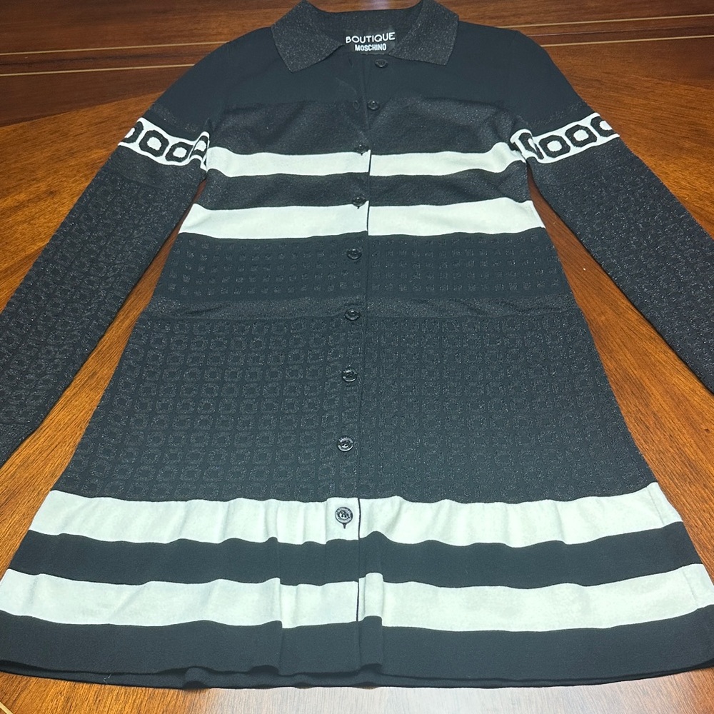 Boutique Moschino Black & Cream Knit Button-Down Dress | Long Sleeve | Size 4 - Picture 2 of 16